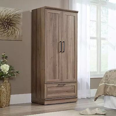 Rustic Oak Finish Armoire Wooden Wardrobe Storage Cabinet Drawer Clothes Rod • $298.90