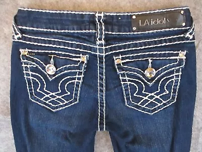 LA IDOL Jeans Youth 5 Blue Denim Skinny Thick Stitch Low Rise Retro 27x31 • $18.65