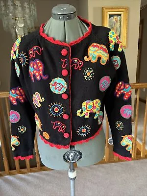 Michael Simon M Sweater Cardigan Embroidered Elephants Easter • $48