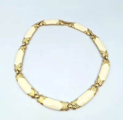 Monet Cream Enamel Link Necklace Gold Plated 1980s Vintage Jewelry • $78