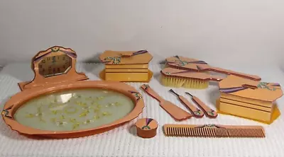 Celluloid Art Deco Vanity Dresser Set 14 Piece Circa 1920 Flaws Butterscotch Vtg • $41.39