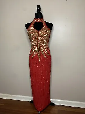 Vintage ALYCE DESIGNS Size 4 Gown Red Gold Beaded Sequin Silk Dress Halter Prom • $145