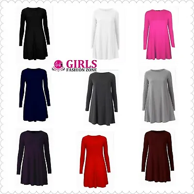 Girls Fashionable Plain Long Sleeves Knee Length Flare Swing Dresses • £7