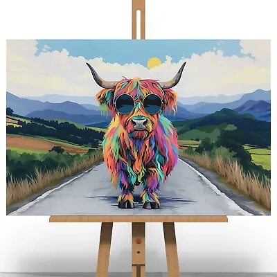 Multi Coloured Highland Cow Canvas Print Picture Gift Steven Brown Style Art • £14.99