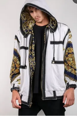 Gallery Bomber Jacket Baroque Gold Blue Versace Style Mens L Vtg 70 80 • $24