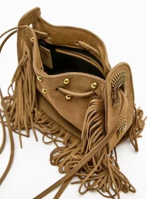 £60 • Buy Womens New Zara Leather Suede Tan Brown Crossbody Bag With Fringing,  Tassels.