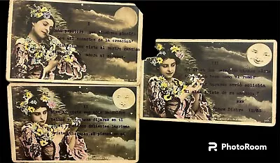 Hand Color Tinted VTG Lot 3 Postcards French Victorian Lady Photo Rare Moon Face • $69