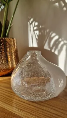 White & Clear Off Centre Tear Drop Crackle Art Glass Vase Home Decor Ornament • £8.95