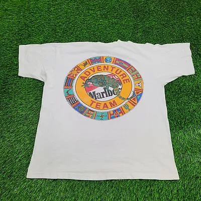 Vintage 90s Marlboro Gecko Adventure-Team Shirt L-Short 23x27 White Cigarettes • $88.77