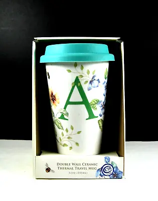 LENOX Initial “A” Butterfly Meadow Thermal Travel Cup Mug NEW W/teal Lid 12 Oz. • £15.37