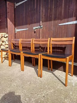 4 X Mid Century Modern Teak  & Black Vinyl Dining Chairs Danish Style • £295