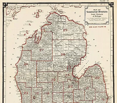 1909 Michigan Map Senatorial Districts County Townships Railroads Grand Traverse • $46.44