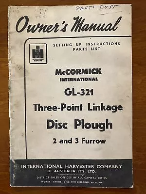 Owner’s Manual McCormick International GL-321 Three-Point Linkage Disc Plough  • $30