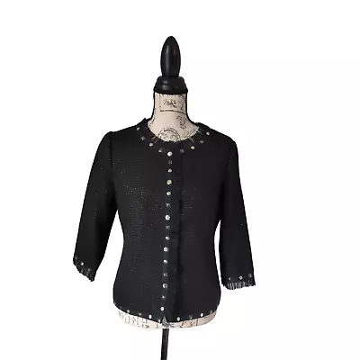 Black Tweed Jacket Blazer Studded Lace Details 3/4 Sleeve Metallic Sz M Petite  • $22