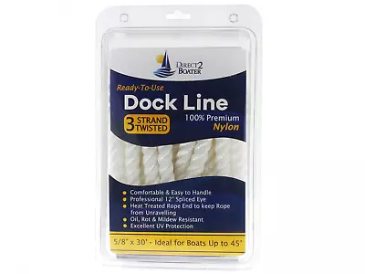 5/8  X 30' White 3 Strand Twisted Premium Nylon Dock Line - For Boats Up To 45' • $26.98