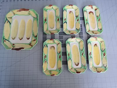 Majolica Corn On The Cob Tray Hand Painted Ceramic Japan 11”x 9” W/6 Plates • $9.99