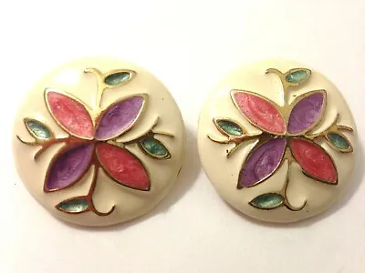 Vintage Cloisonne Earrings Cream Pink Lavender Statement Jewelry • $22.21