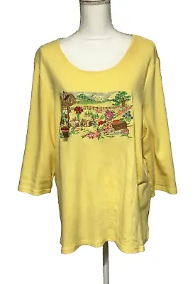 Quacker Factory Shirt Women XLarge Yellow Embroidered Bunny Flower Spring Easter • $22.59