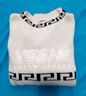 Gianni Versace Sweater Men's Size 3X Lt Beige Greek Key Heavy Embroidery Rare • $140