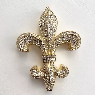 Gold Tone Jeweled Fleur De Lis Hinged Trinket Box European Crystals 3.25” • $28