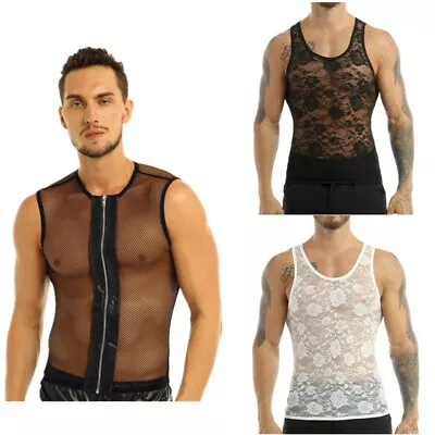 Mens See-through Mesh Fishnet Muscle Tank Floral Lace Crop Top Stretchy T-Shirt • £14.75