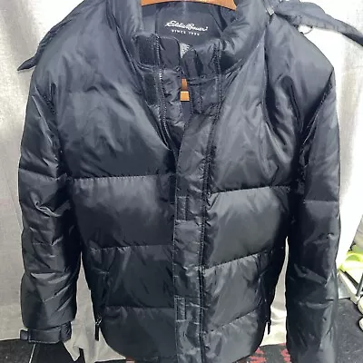 Eddie Bauer Mens Jacket Goose Down Warm Quilted Size L Tall Black Removable Hood • $64.99