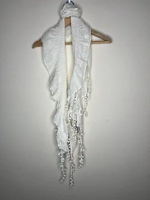 Michael Stars Scarf Womens One Size 47 X 10 Ivory Cream Pom Pom 100% Acrylic • $11.24