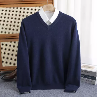 Mens V-neck Long Sleeve Pullover Cashmere Sweater Knit Base Tops Warm Knitwear • £41.99