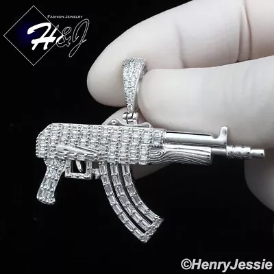 Men 925 Sterling Silver Icy Bling Baguette Cz 3d  Ak-47 Gun  Shape Pendant*sp440 • $66.99