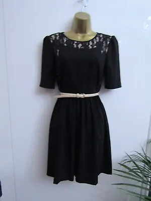 Warehouse Ladies Black & Cream Lace Trim Belted Shift Tea Dress Size 10 Lined • £6.99