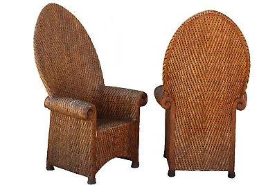 Pair Of Vintage Amsterdam School Style Woven Rattan High Back Arch Throne Chairs • $2995