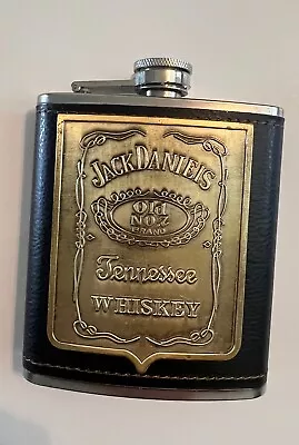 Jack Daniels Old No 7 Stainless & Leather Flask New 7 Ounce FREE Shipping • £18.99