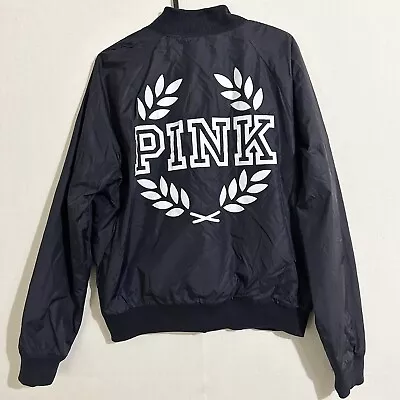 Victoria's Secret Pink Bomber Jacket Coat White Logo Black Medium • $28.98