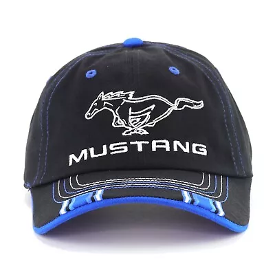 Ford Mustang Pony Black W/ Blue Trim Baseball Hat Ball Cap Unstructured Cotton • $21.99