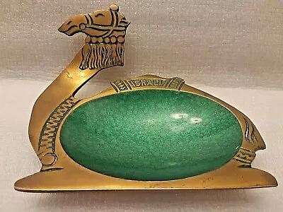 $30 • Buy VTG HAKULI ISRAEL CAMEL ENAMEL GREEN BRASS ASHTRAY With Kenya Tax Sticker 50'S