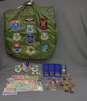 1950s Military Lot Nylon Flyer's Helmet BagPatches MedalsChallenge Coins BAC1 • $189.50
