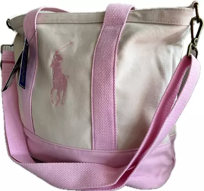 POLO RALPH LAUREN CANVAS TOTE BAG Travel White STRAP Pink Trim Big Pony Logo NEW • $93.10