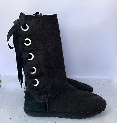 UGG Australia Black Heirloom Lace Up Textile Button Boots Size 9 Sheepskin Foot • $84.99