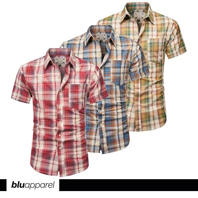 Men's Short Sleeve Checked Cotton Shirt Branded Red Blue Green S M L XL XXL • £14.99