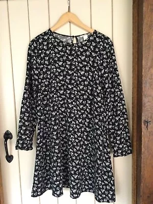 Ladies H&M Black Dress With Green/Blue Flower Print Size Eur 38 (10) • £10