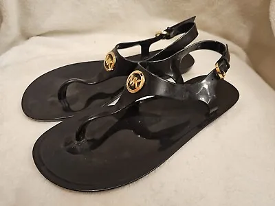 Michael Kors MK Logo Plate Jelly Sandal Black PVC Flip Flop Thong Womens Size 8 • $25