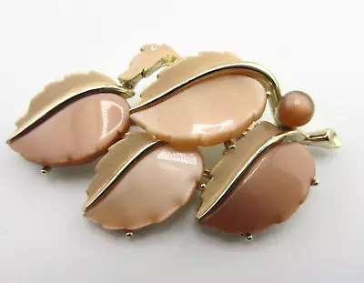 Vintage Lisner Coffee & Cream Lucite Thermoset & Enamel Leaves Brooch Pin • $16.99