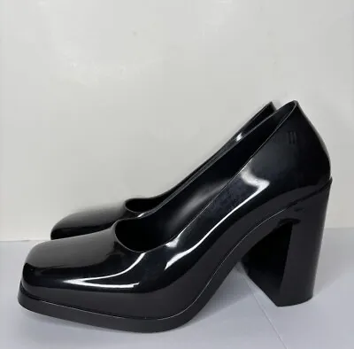 Melissa Jelly Black Square Toe  Block Heel Size 39 US 8 • $30