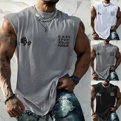 Mens Summer Printed Vest Tank Tops Sport Muscle Gym Fitness Bodybuilding T-Shirt • £2.79