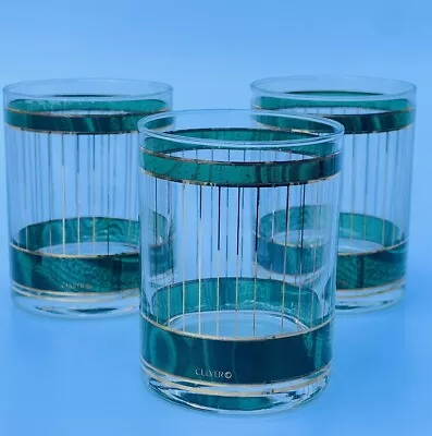 Culver Mid Century Modern Gold Stripes Green Trim Bar Glasses (Set Of 3) Vintage • $65