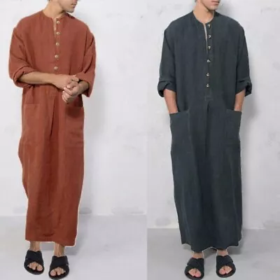 Kaftan Robe Stand Collar Men Thobe For W/ Pocket Solid Clot • $34.53