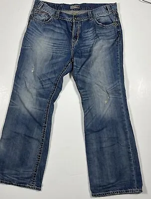 Men's MEK Denim 42 / 34 Button Fly 100% Cotton Bootcut Blue Jeans Distressed • $19.99
