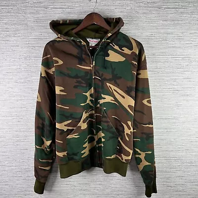 VINTAGE Camo Hoodie Mens XL Green Full Zip Waffle Thermal Lined 90s Workwear • $34.88