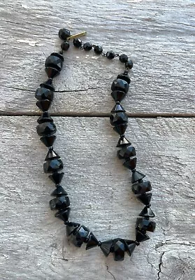 WEST GERMANY Vintage Faceted Jet Black Glass Beaded Necklace • $15