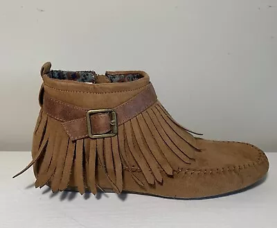 Bongo Booties Womens 8 Brown Boho Faux Leather Tassel Buckle Side Zip Flat • $17.99